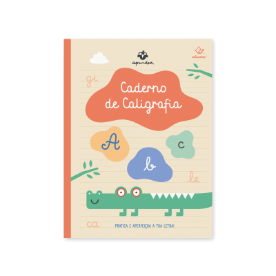 Capa de caderno de caligrafia com desenho de crocodilo e palavras manuscritas