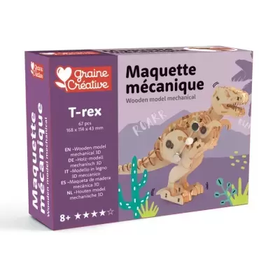 Caixa de modelo mecânico de madeira T-rex com design natural e textos em várias línguas