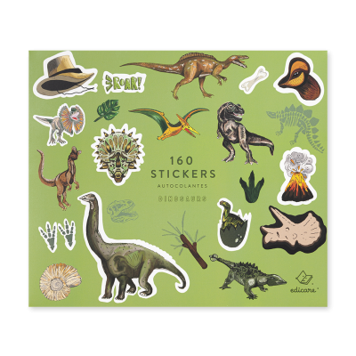 Caixa verde de autocolantes de dinossauros variados e texto de identificação