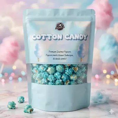 Saco azul claro plástico com pipocas azuis e texto Cotton Candy e Premium Gourmet Popcorn