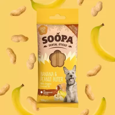 Pacote de sticks dentais para cães sabor banana e manteiga de amendoim