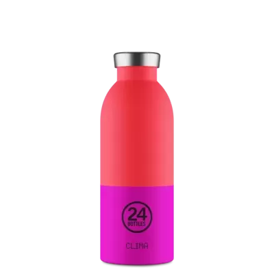 Garrafa térmica vermelha e rosa com tampa prateada e texto preto 24 BOTTLES CLIMA