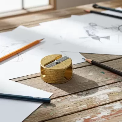Apontador metálico dourado com dois orifícios sobre mesa de madeira com lápis e folhas de desenhos