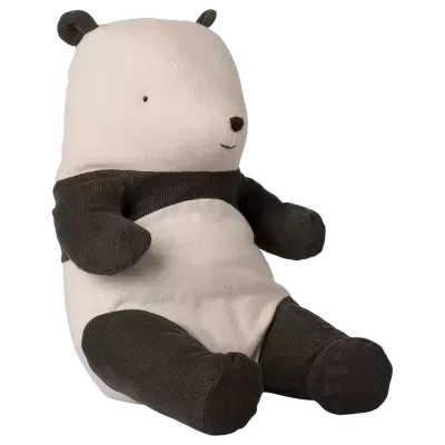 Ursinho de peluche panda branco e castanho escuro sentado