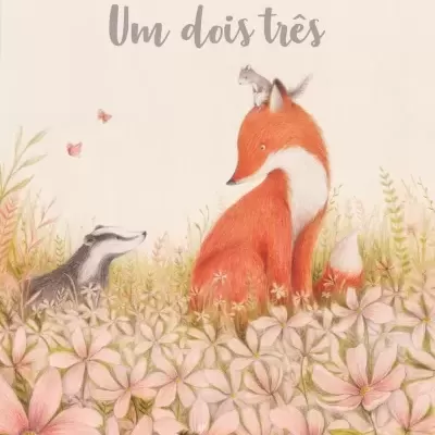 Livro infantil com raposa, texugo e esquilo ilustrados em campo florido e texto de título em português.