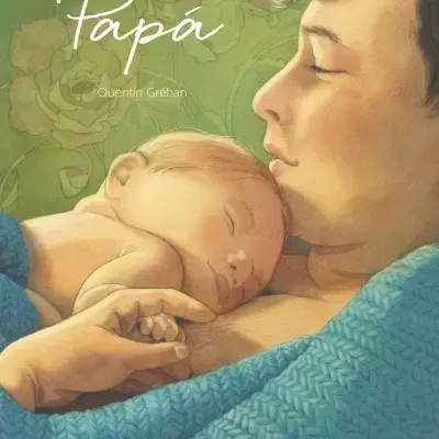 Capa de livro com ilustração de pai e bebé a dormir, fundo floral verde e texto sobreposição.