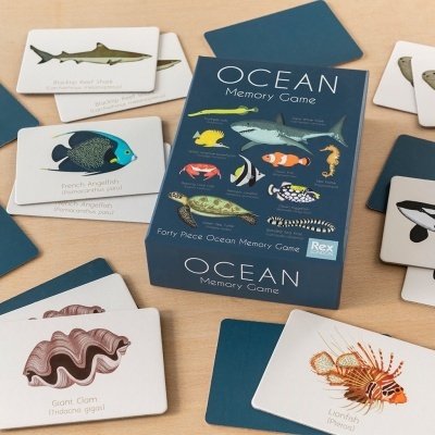 Jogo de memória temático oceano com cartas ilustradas e caixa azul