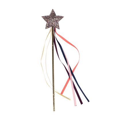 Varinha mágica com estrela cor-de-rosa e fitas coloridas
