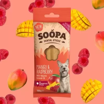 Pacote de palitos dentais para cães sabor manga e framboesa Soopa