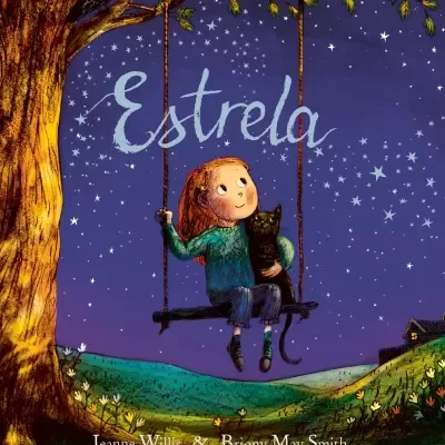 Capa de livro com menina no baloiço a segurar gato, noite estrelada e nome Estrela