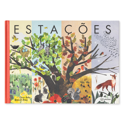 Capa de livro infantil ilustrada com árvores e animais representando as estações