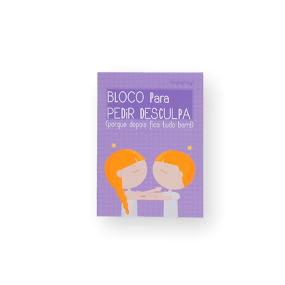 Bloco de notas com capa roxa, ilustração de duas crianças com cabelo ruivo e texto para pedir desculpa.