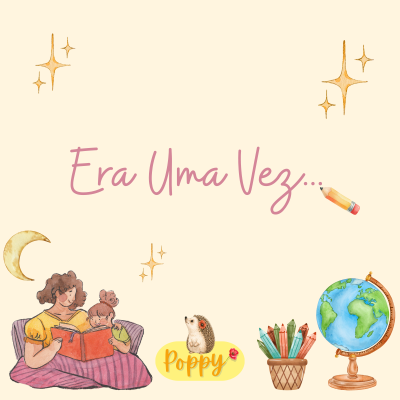 Ilustração de mãe e filha a ler livro, ouriço, lápis de cores, globo terrestre e estrelas douradas numa página de livro infantil.
