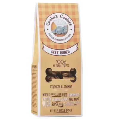 Embalagem bege de biscoitos para cães Coohas Cookies com recorte formato osso e texto em inglês.