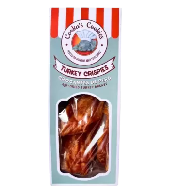 Embalagem de snacks para cães Cookas Cookies Turkey Crispies com peito de peru seco visível