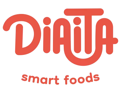 Logotipo da marca DiaTa smart foods em vermelho no fundo preto