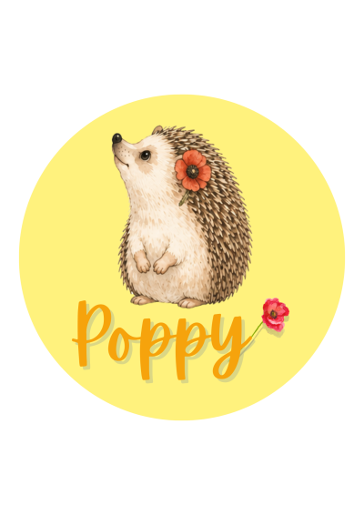 Ilustração de ouriço-pigmeu com papoila vermelha e texto Poppy em fundo amarelo