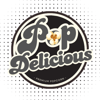 Logotipo circular preto e creme Pop Delicious com pipoca e texto PREMIUM POPCORN.