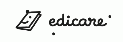 Logo da edicare, desenho de um aparelho com cara sorridente e texto edicare