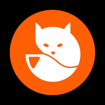 Logótipo branco de gato num círculo laranja