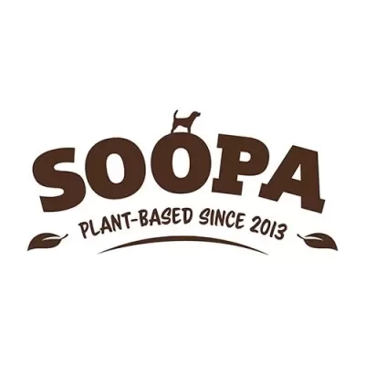 Logótipo da marca SOOPA com um cão e texto PLANT-BASED SINCE 2013