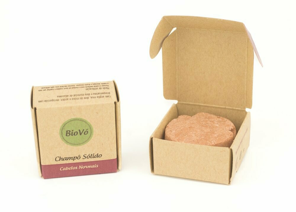 Champô Sólido Champô sólido BioVó em embalagem de cartão reciclado aberta e fechada