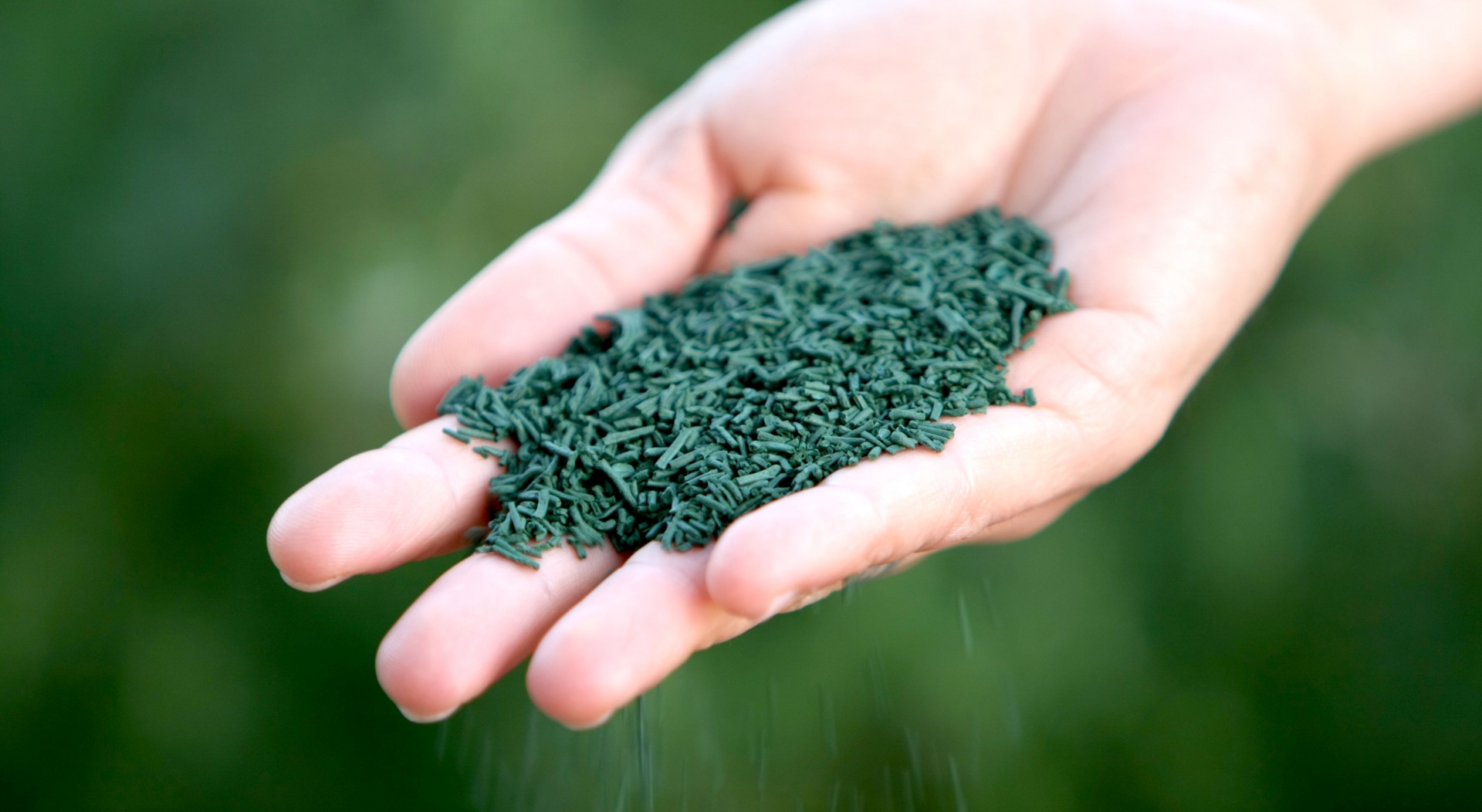 Mão segurando pellets verdes em textura granulada