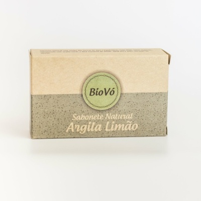 Embalagem de sabonete natural BioVó Angila Limão em papel bege e verde