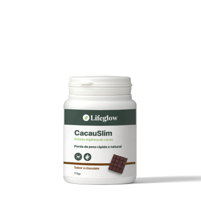 Frasco branco de bebida CacauSlim da Lifeglow com papel verde e branco