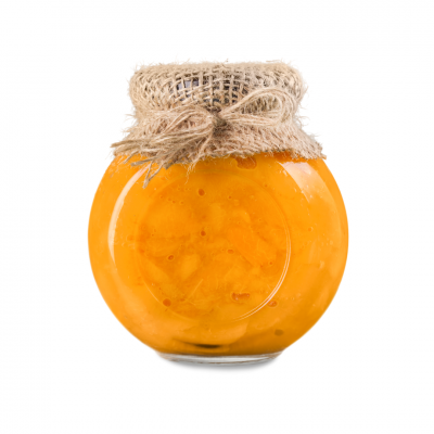 Frasco redondo de vidro com compota laranja e tampa coberta com tecido de juta.