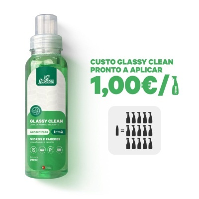 Frasco verde de produto de limpeza Glassy Clean com texto e indicação de preço
