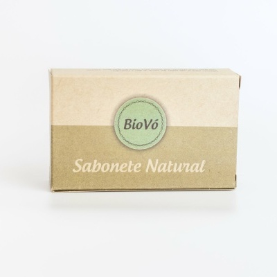 Caixa de sabonete natural BioVó em papel bege e castanho