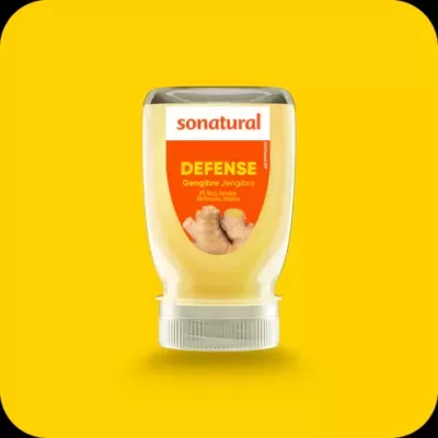 Frasco amarelo com rótulo laranja de suplemento de gengibre