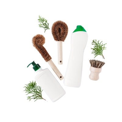 Conjunto de utensílios de limpeza com escovas de madeira e frascos plásticos em fundo branco e folhas verdes.