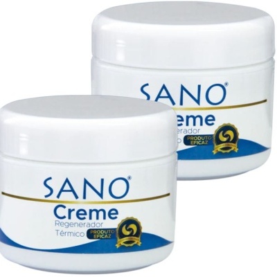 Dois frascos brancos de creme SANO com rótulo azul e dourado