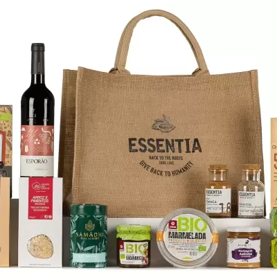 Conjunto de produtos alimentares e cosméticos com saco de juta ESSENTIA