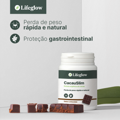 Frasco branco de suplemento CacauSlim da Lifeglow com pedaços de chocolate