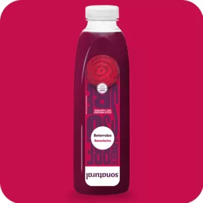 Garrafa de sumo de beterraba da marca Soundrial com rótulo preto e vermelho