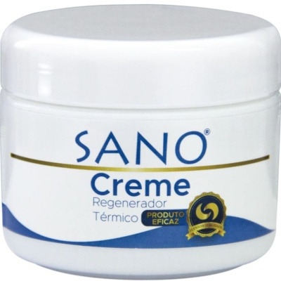 Embalagem de creme branco com texto azul e dourado e selo dourado