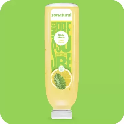 Frasco de gel amarelo com rótulo Limão Menta da Sonatural