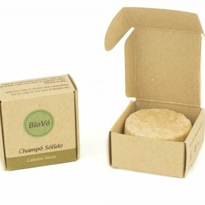Champô sólido BioVé em embalagem de cartão castanho