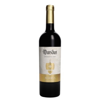 Garrafa de vinho tinto Mundus Reserva com rótulo branco e dourado