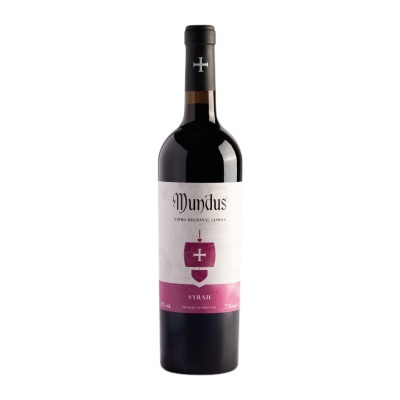 Garrafa de vinho tinto Mundus Syrah com rótulo branco e detalhe rosa
