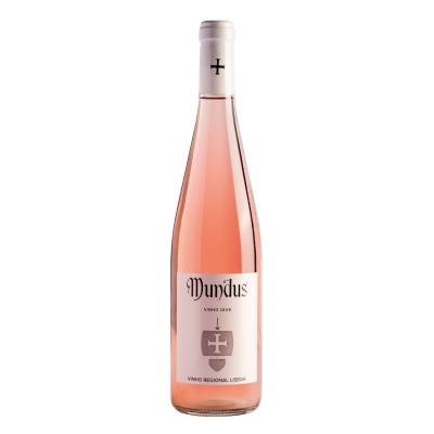 Garrafa de vinho rosé com rótulo branco e texto Mundus, tampa branca com cruz preta