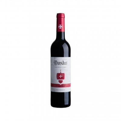 Garrafa de vinho tinto Mundus com rótulo branco e vermelho