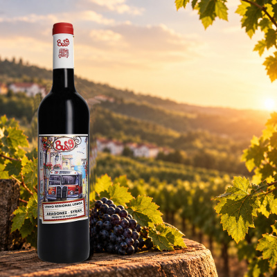 Garrafa de vinho tinto Bus 9 com rótulo ilustrado e cachos de uvas sobre superfície rústica em vinha ao pôr do sol.