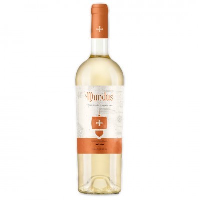 Garrafas de vinho branco Mundus com rótulo branco e detalhes em laranja
