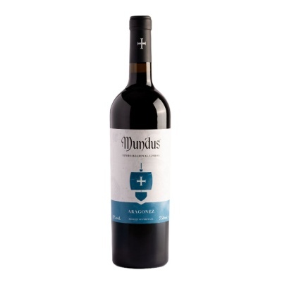 Garrafa de vinho tinto Mundus com rótulo branco e azul e tampa preta.