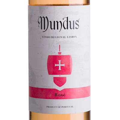 Garrafa de vinho rosé Mundus com rótulo branco e rosa