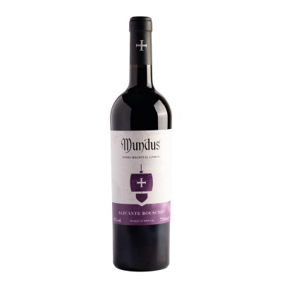 Garrafa de vinho tinto Mundus com rótulo branco e roxo